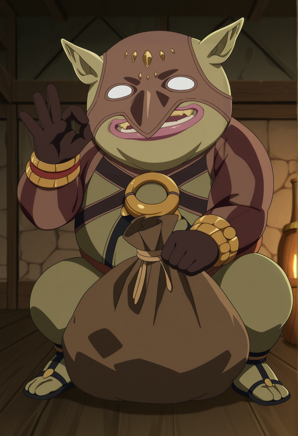 anime screenshot, anime screencap, 1boy, solo, goblin, male goblin, indoors, tavern sittig, ok gesture, gold coin bag <lora:Branwen_Illus:1> 1boy, riding, goblin, male goblin,, masterpiece, best quality, amazing quality, very aesthetic, absurdres, highres, newest