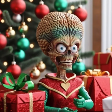 MarsAttack1024, an alien, christmas scenery, garlands, gifts, christmas tree, features intricate detail, detailed eyes, highly detailed, photography, ultra sharp, film, bokeh, professional, 4k    <lora:MarsAttack1024:0.7> <lora:add-detail-xl:2>