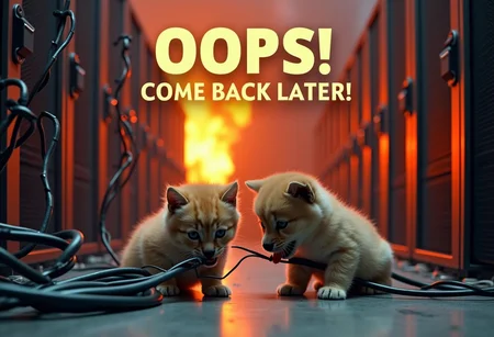 floating bold text at the top of the image "OOPS! COME BACK LATER!", kitties and puppies chewing cables, wires sparking in the background inside a server room which is smoking and on fire