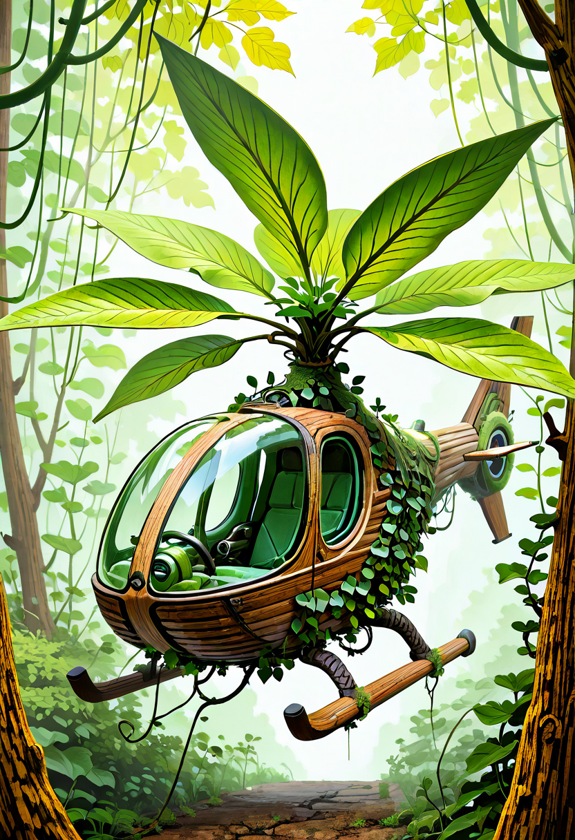 masterpiece, best quality, no humans,   ,<lora:BioCopter_IXL:0.8>,  BioCopter, natural wood frame, thick ivy vines, organic propellers, bio-engineered leaves, lush rainforest, upward ascent, close-up perspective, vibrant lighting, natural energy â Rising from the dense rainforest floor, the BioCopterâs natural wood frame and thick ivy vines spiral upward, its organic propellers humming with natural energy. The bio-engineered leaves shimmer in the vibrant light as the helicopter ascends toward the sky, catching the rays of the sun as they filter through the layers of green. The close-up perspective showcases the intricate details of its plant-based construction, highlighting the perfect harmony between technology and nature. The air is thick with the sounds of wildlife, and the lush rainforest seems to pulse with life as the BioCopter moves effortlessly toward the treetops.