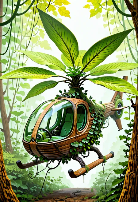 masterpiece, best quality, no humans, ,<lora:BioCopter_IXL:0.8>, BioCopter, natural wood frame, thick ivy vines, organic propellers, bio-engineered leaves, lush rainforest, upward ascent, close-up perspective, vibrant lighting, natural energy â Rising from the dense rainforest floor, the BioCopterâs natural wood frame and thick ivy vines spiral upward, its organic propellers humming with natural energy. The bio-engineered leaves shimmer in the vibrant light as the helicopter ascends toward the sky, catching the rays of the sun as they filter through the layers of green. The close-up perspective showcases the intricate details of its plant-based construction, highlighting the perfect harmony between technology and nature. The air is thick with the sounds of wildlife, and the lush rainforest seems to pulse with life as the BioCopter moves effortlessly toward the treetops.
