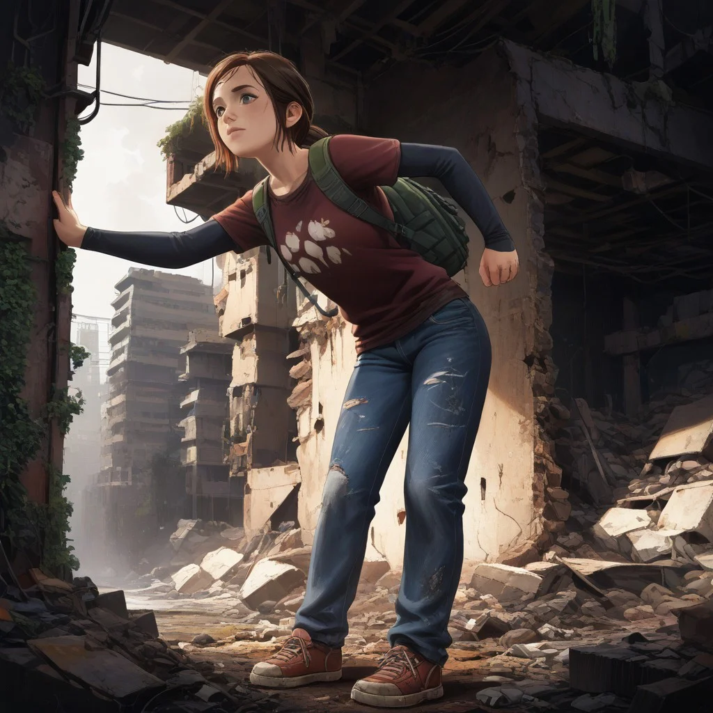 score_8, score_8_up, score_7_up, score_6_up, official art, Hideki Ishikawa BREAK, Ellie-Williams, TLOU, 1girl, solo, shirt, Auburn Hair, long sleeves, shoes, pants, bag, backpack, denim, jeans, layered sleeves, apocalypse, science fiction, destroyed city, rubble, ruins, overgrowth