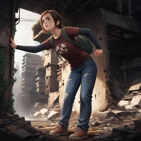 score_8, score_8_up, score_7_up, score_6_up,  official art, Hideki Ishikawa BREAK, Ellie-Williams, TLOU,  1girl, solo, shirt, Auburn Hair, long sleeves, shoes, pants, bag, backpack, denim, jeans, layered sleeves, apocalypse, science fiction, destroyed city, rubble, ruins, overgrowth