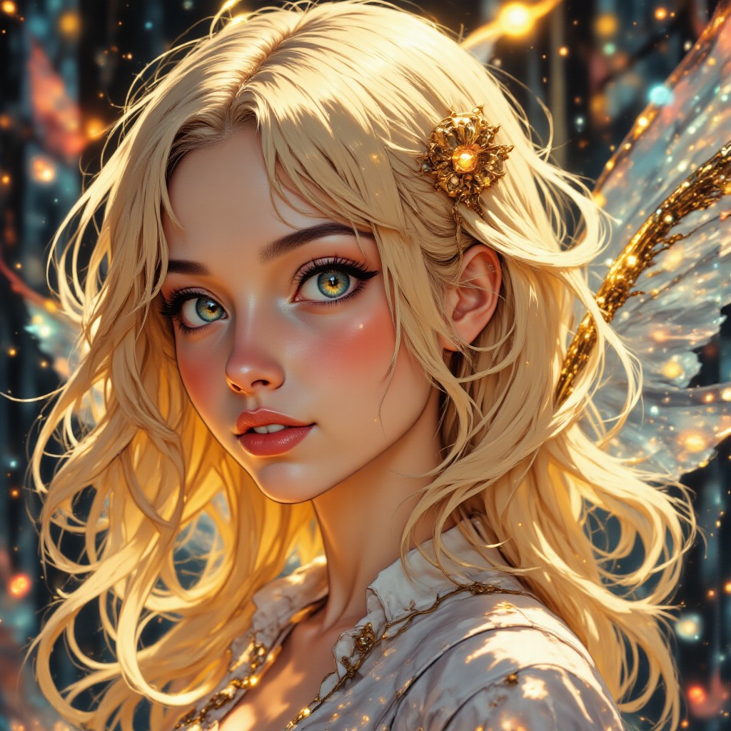1girl, solo, girl face, extremely close up, beautiful face, smile, gold hair, gold wings, ethereal aura, rainbow visor, looking viewer, extremely detailed face, delicate face, elegant face, mysterious expression.