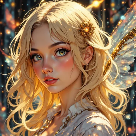 1girl, solo, girl face, extremely close up, beautiful face, smile, gold hair, gold wings, ethereal aura, rainbow visor, looking viewer, extremely detailed face, delicate face, elegant face, mysterious expression.