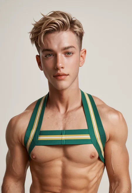 score_9, score_8_up, score_7_up, , score_6_up, , score_5_up <lora:coyote_jock_harness_pony_epoch_3:1> closeup, man wearing a green jock_harness, looking at viewer