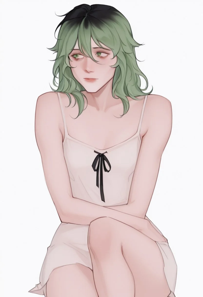 by Sasha-SK, by T5F, by kp
best quality, detailed face, detailed eyes, , ,
best quality,masterpiece,absurdres,newest,
brush texture
1girl, , bare shoulders, black hair, black ribbon, camisole, dress, , , , green eyes, green hair, hair between eyes, hair flaps,knee up, long hair, looking to the side, messy hair, ribbon, sitting, sleeveless, solo, spaghetti strap, upper body, white background, white camisole, white dress
saya
The Song of Saya