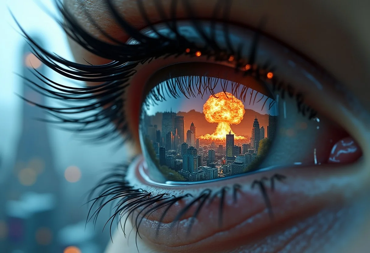 Create an image where the viewer is looking into a human eye. In the eye's reflection, depict a futuristic and war-torn world. The landscape should be overrun with advanced AI technology, such as towering robots, autonomous drones, and dilapidated buildings covered in digital advertisements and holograms. The overall mood should be dark and dystopian, with a cold, metallic color palette and hints of destruction. The eye itself should appear a nuclear explosion but with a hint of artificial enhancement, like a glowing cybernetic iris