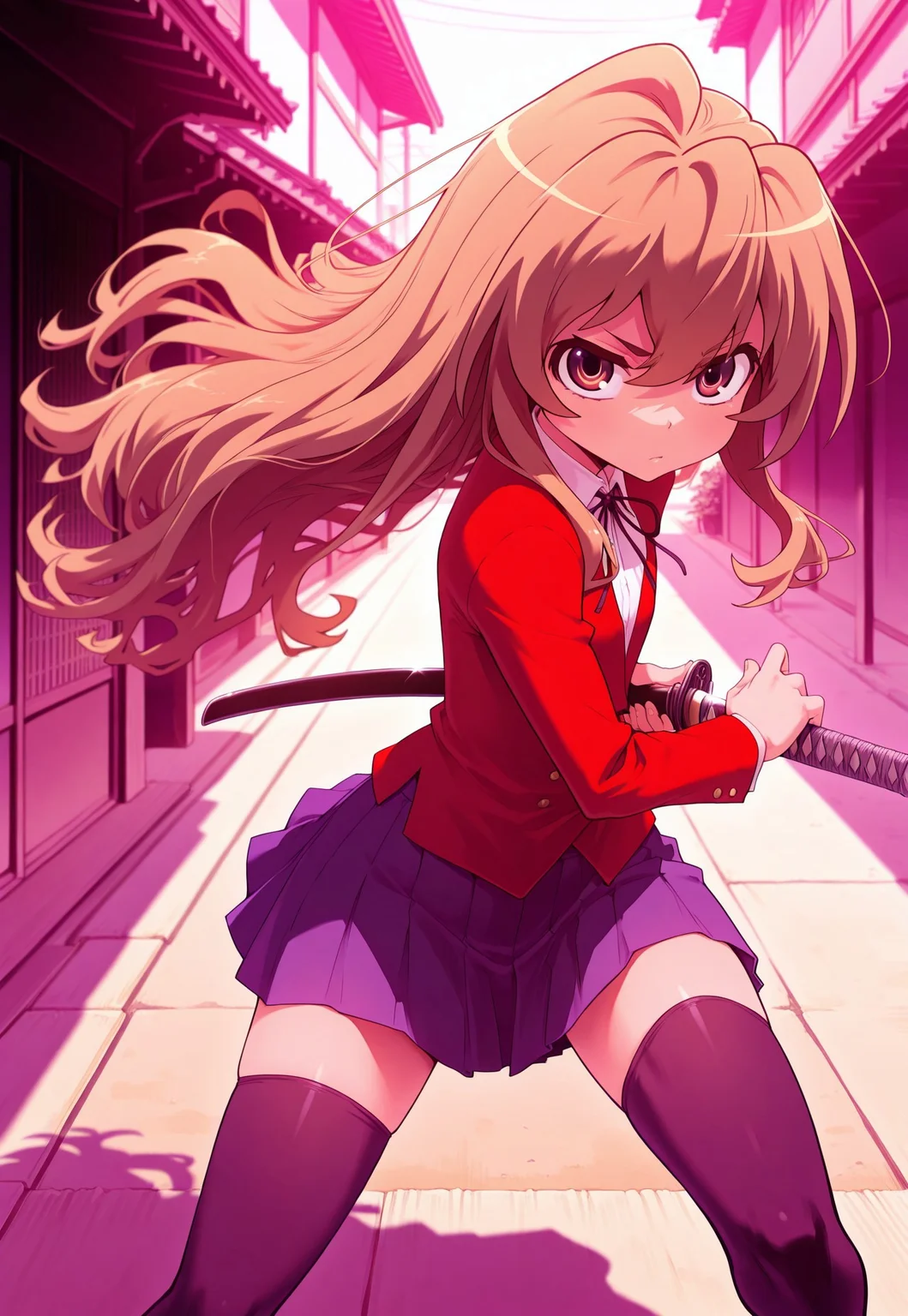 masterpiece,best quality,amazing quality, absurd aisaka taiga, 1girl, solo,brown hair,long hair,flat chest, oohashi high school uniform, red jacket, black thighhighs ,pleated skirt, iaidou,weapon, katana, holding sword, ready to draw, sheathed, unsheathing, scabbard, look at viewer, determined, enegry swirls, outdoor, depth of view, flowing hair, windy,