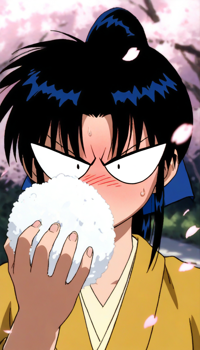 masterpiece,best quality,amazing quality,
<lora:kamiyakaoruNAI:1>,kamiyakaoru,
1girl,solo,black hair,bangs,ponytail,deep yellow kimono,portrait,exaggerated expression,holding rice ball,faint blush,sweatdrop,
outdoors,falling petals,
depth of field,