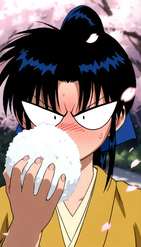 masterpiece,best quality,amazing quality,
<lora:kamiyakaoruNAI:1>,kamiyakaoru,
1girl,solo,black hair,bangs,ponytail,deep yellow kimono,portrait,exaggerated expression,holding rice ball,faint blush,sweatdrop,
outdoors,falling petals,
depth of field,