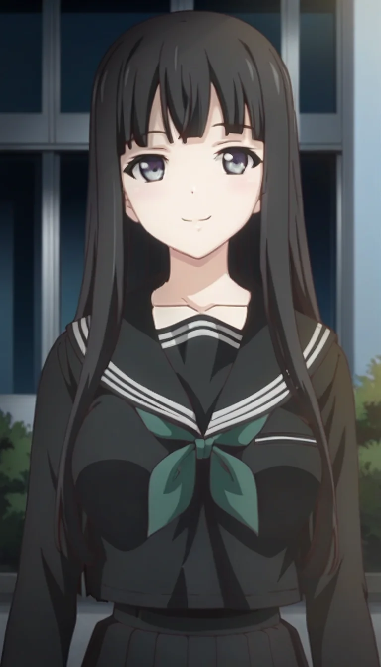 score_9,score_8_up,score_7_up,score_6_up BREAK official art,solo,outdoors,upper body,(portrait:1.5),looking at viewer,facing viewer,smile,blush,Byakuya Rinne,long hair,black hair,hime cut,blunt bangs,grey eyes,collarbone,school uniform,black sailor collar,black shirt,green neckerchief,long sleeves,medium breasts,black skirt,pleated skirt,black pantyhose,loafers,<lora:Byakuya Rinne(euphoria)-Pony:1.5>,