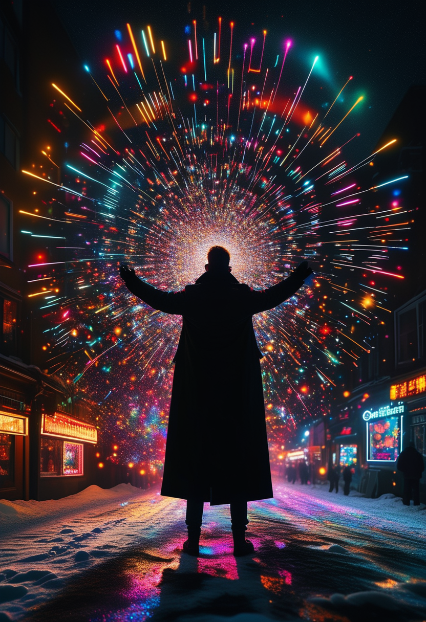 A man in a black coat, back view, arms raised, standing in the snow, radiating colorful sparkles. ral-exposure, in the style of double exposure, neon art nouveau, long exposure, wimmelbilder, layered lines, neonpunk, chiaroscuro, best quality, masterpiece, highres, absurdres, incredibly absurdres, huge filesize, wallpaper, colorful,8K,RAW photo,Long_Exposure<lora:MHXL_ShimmercoreNoiseworks_v1:0.700000>, <lora:ral-exposure-sdxl:0.800000>