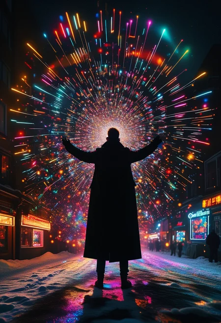 A man in a black coat, back view, arms raised, standing in the snow, radiating colorful sparkles. ral-exposure, in the style of double exposure, neon art nouveau, long exposure, wimmelbilder, layered lines, neonpunk, chiaroscuro, best quality, masterpiece, highres, absurdres, incredibly absurdres, huge filesize, wallpaper, colorful,8K,RAW photo,Long_Exposure<lora:MHXL_ShimmercoreNoiseworks_v1:0.700000>, <lora:ral-exposure-sdxl:0.800000>