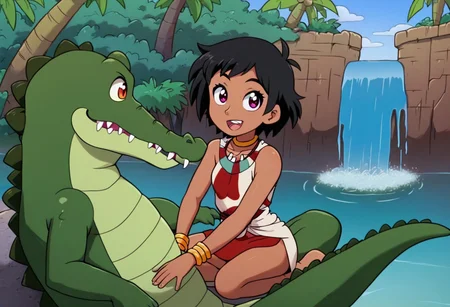 Tick tock crocodile,male animal focus,tail, crocodile , crocodile mouth open,smile ,green skin, blue eyes, Tick Tock the crocodile is giant and very huge size,teeth, crocodile swimming and submerged in the water,Tick Tock the crocodile looking Choi_mochimazzi,Choi_mochimazzi an anime girl, 1girl, looking at viewer, smile, short hair, Choi_mochimazzi sitting down on the crocodile belly,Choi_mochimazzi IS her very little size. Base - choim, short hair, black hair, red eyes, dark-skinned female,purple eyes, Base Outfit - dress, jewelry, dark skin, necklace, bracelet, wristband, neck ring, anklet, barefoot,river,palm trees, jungle, tropical _island,village, temple,Disney, waterfall,retro_anime, manga,tamako_market