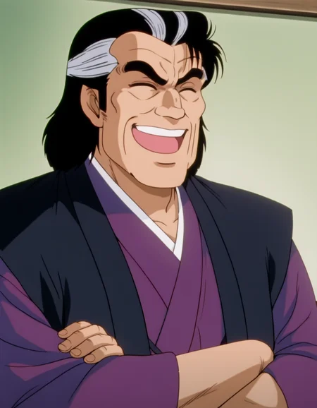 <lora:kaibara_yuzan_ill_0.90-000010:1>, yuzan, old man, closed eyes, crossed arms, haori, laugh, purple kimono, solo,
masterpiece, best quality, good quality, anime coloring,