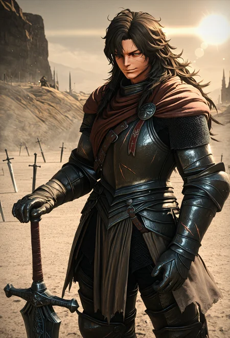 masterpiece,best quality,amazing quality,intricate details,volumetric lighting,film grain,3d,lens flare,cowboy shot,in battlefield,1boy(in armor,planted sword,messy hair,long hair,veteran,smirk,scars,manly),dirsty,dust
,detailed background, very aesthetic, high resolution, ultra-detailed, absurdres, newest, ,<lora:PSH_Epsilon_illus:1>,