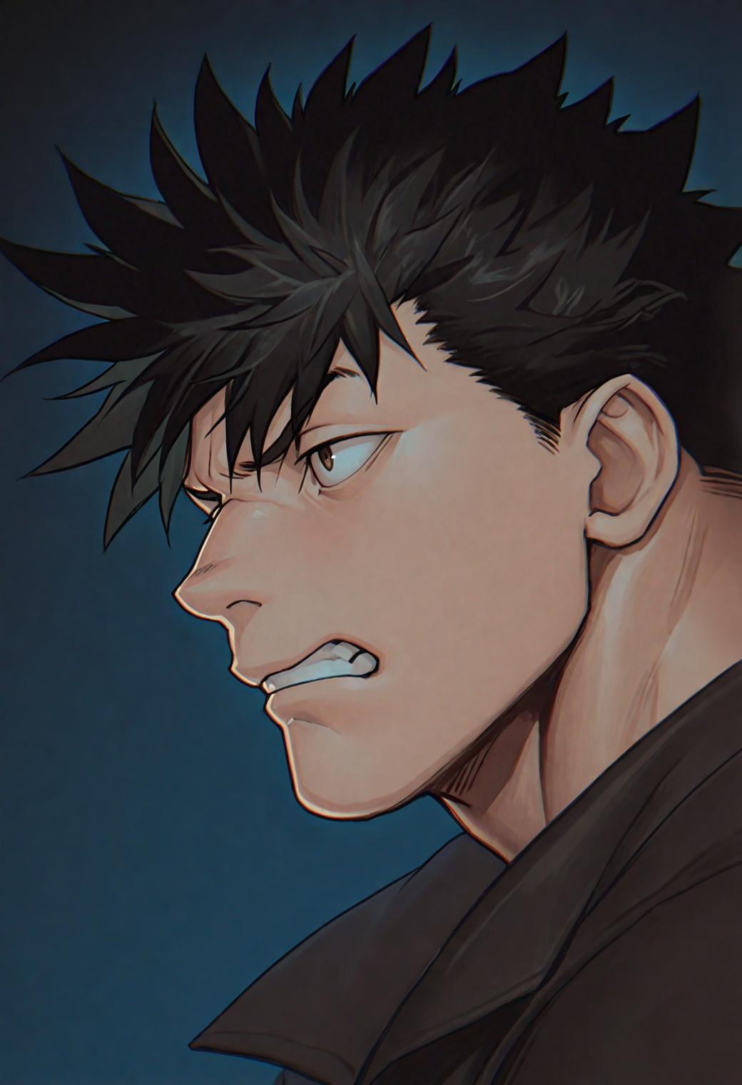 masterpiece,best quality,
1boy,bara,
<lora:loren_NAI_EPS_1_0_CAME_v1_rev2:1>,10r3n,black hair,short hair,spiked hair,brown eyes,sanpaku,
black background, chromatic aberration, clenched teeth, from side, looking ahead, blue backgroundâââ