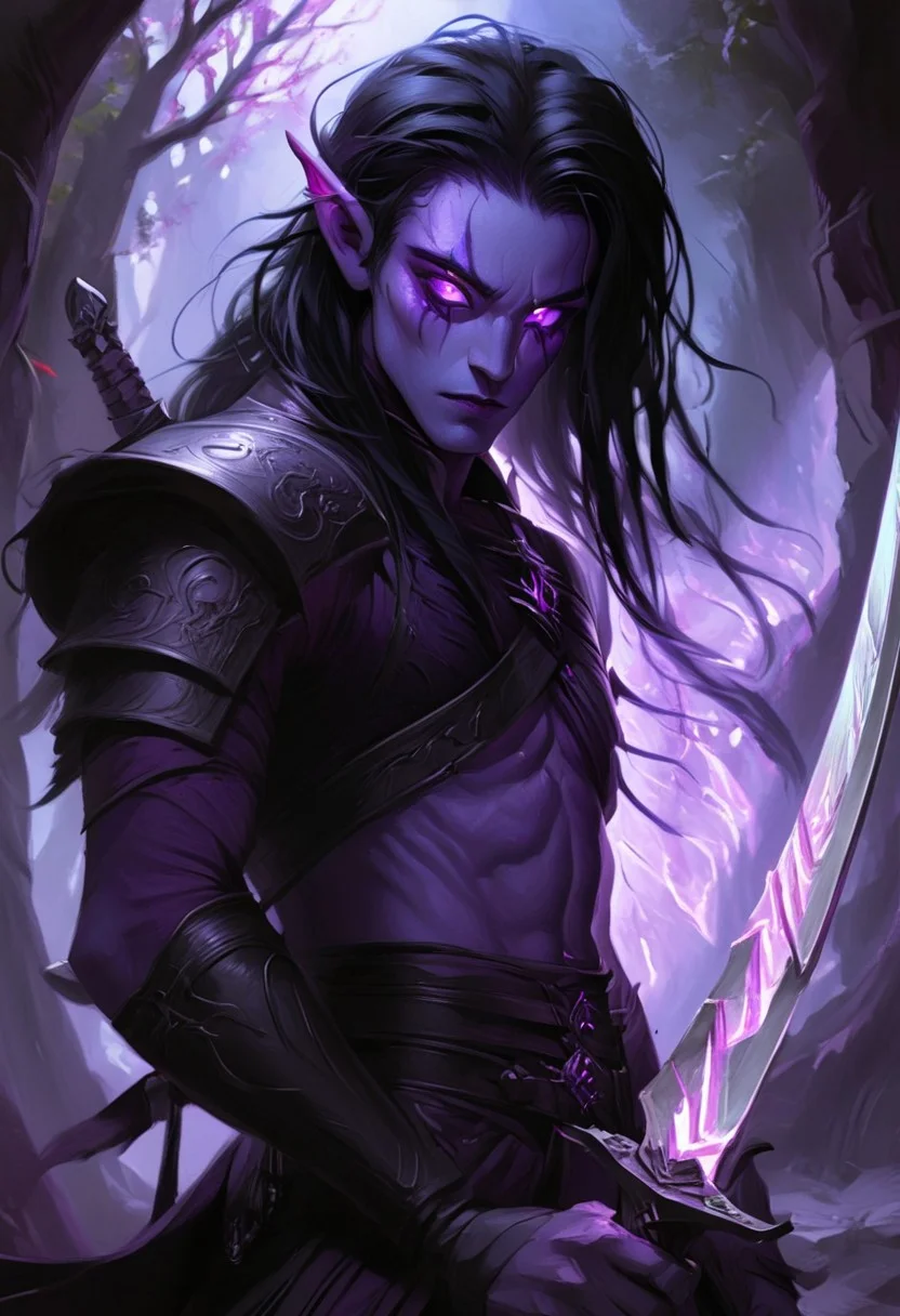 dark elf warrior, glowing purple eyes, black hair, sword