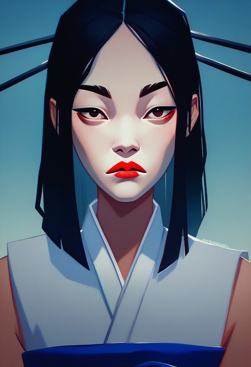 score_9,score_8_up,score_8,score_9,(((pastel colors, high contrast,expressiveh,solo focus, ))), (1girl, standing, looking at viewer)  rimlight, asian, Kuroku, Japanese clothes, white clothes, sleeveless, black hair, red lipstick, hair ornament, museum background, blue sash,
