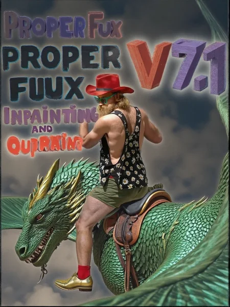 HD high quality cinematic fantasy movie photo of a man from behind, in a side view, wearing a cowboy hat and golden metallic yellow shoes, he is riding atop a massive green dragon outfitted with a sturdy saddle, the dragon left wing on the left side is clse to the foreground, the dragon is soaring through the skies, offers an exhilarating and majestic experience. The's powerful wings create gusts of wind as it glides, its emerald scales shimmering under the sunlight, while the saddle ensures a secure and comfortable seat for the rider. Letters are floating on the air wih text information "Proper Fux Inpainting and Ouptainting" and "V7.1"
ðï¸ [Inpainted with Loras]: <lora:Westeros_v3_rank16_bf16-step02485>\.safetensors:[^ ]*<lora:Sony_a7_III>\.safetensors:[^ ]*<lora:flux1-canny-dev-lora>
ð¯<lora:flux\Westeros_v3_rank16_bf16-step02485.safetensors:0.7:0.7>
<lora:flux\Sony_a7_III.safetensors:0.7:0.7>
<lora:syml\lorasym\Flux\flux1-canny-dev-lora.safetensors:0.55:0.55>