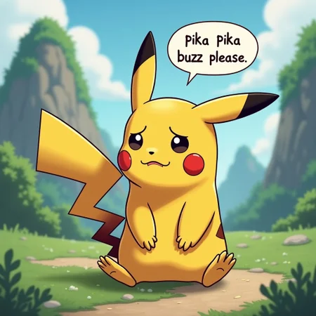 A Pikachu Pokémon character sitting, looking sad, pokemon world background, speech bubble with text written "pika pika buzz please"