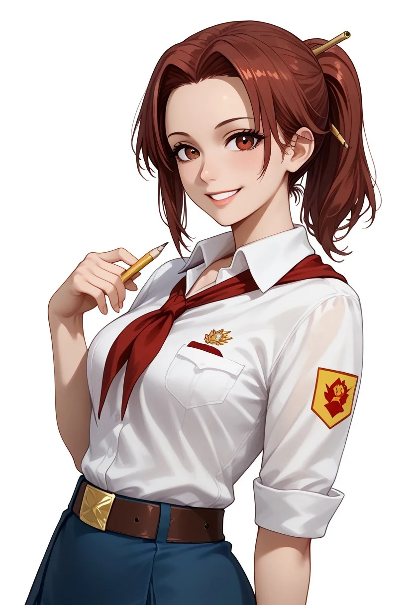 easynegative, ng_deepnegative_v1_75t, Expressiveh, verybadimagenegative_v1.3, diana, burgundy hair, medium hair, medium ponytail,pencil-hairpin, burgundy eyes, medium breasts, bangs, smiling slightly, looking at viewer, sexy pose, photo studio, white background, standing, side view, white shirt, blue skirt, brown belt, red neckerchief,