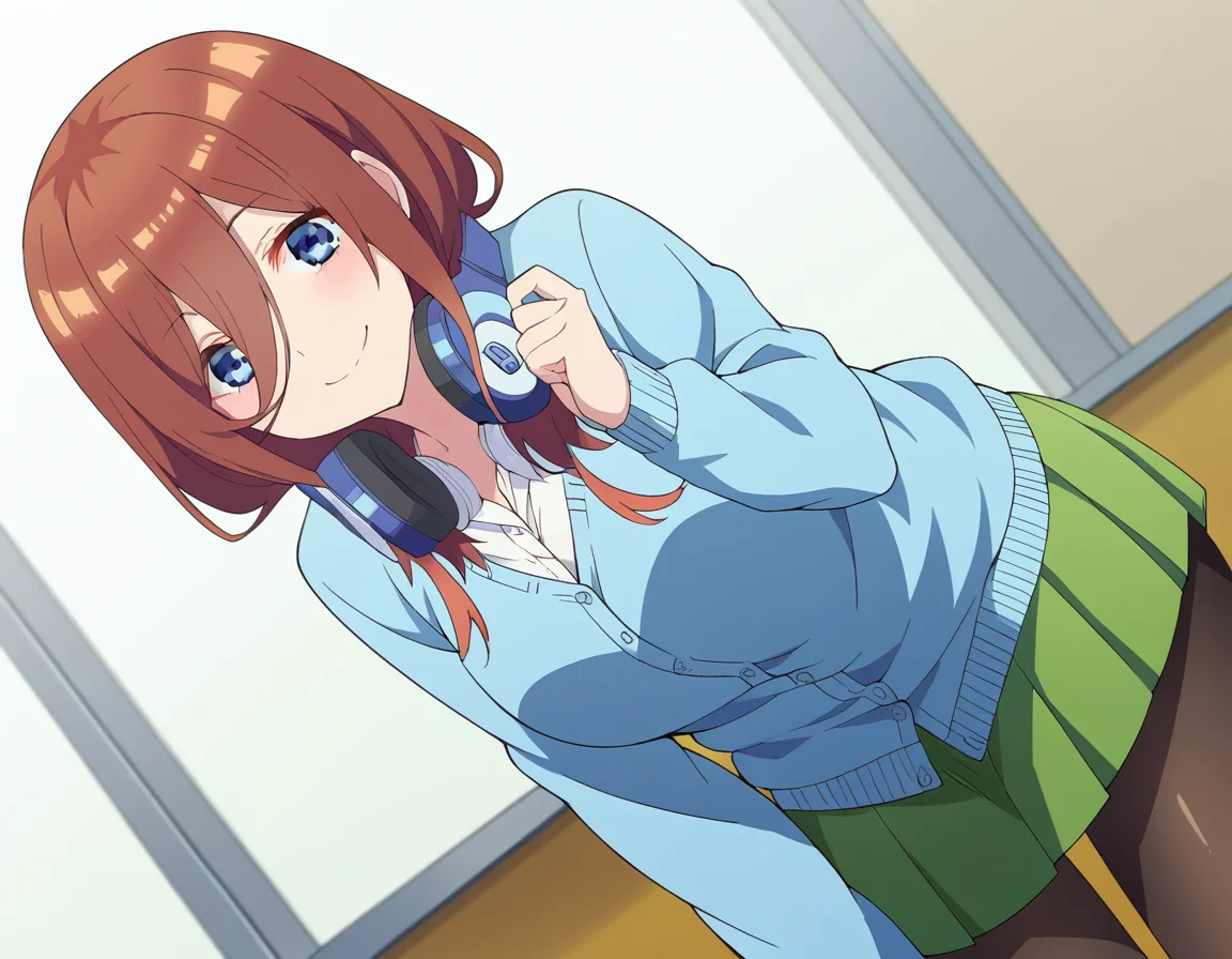 score_9, score_8_up, score_7_up, source_anime,
mikunakano, <lora:miku-nakano-s2-ponyxl-lora-nochekaiser:1>,
miku nakano, long hair, bangs, blue eyes, brown hair, shirt, hair between eyes, headphones, cardigan, headphones around neck,
skirt, shirt, long sleeves, white shirt, pantyhose, pleated skirt, black pantyhose, cardigan, green skirt, blue cardigan,
indoors, classroom, smile, bent over,
looking at viewer, cowboy shot, dutch angle, solo,