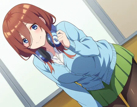 score_9, score_8_up, score_7_up, source_anime,
mikunakano, <lora:miku-nakano-s2-ponyxl-lora-nochekaiser:1>,
miku nakano, long hair, bangs, blue eyes, brown hair, shirt, hair between eyes, headphones, cardigan, headphones around neck,
skirt, shirt, long sleeves, white shirt, pantyhose, pleated skirt, black pantyhose, cardigan, green skirt, blue cardigan,
indoors, classroom, smile, bent over,
looking at viewer, cowboy shot, dutch angle, solo,