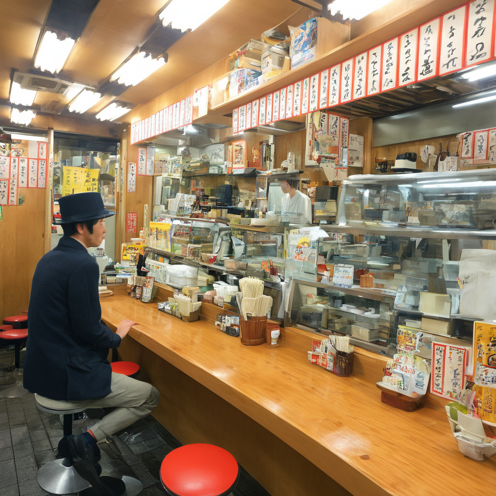 masterpiece, best quality, ultra-detailed, illustration,
sakaba, stool, 1boy, indoors, solo, male focus, black hair, sitting, scenery, wide shot, shop, hat, chair, clock, shirt, pants, holding, shelf, table, scarf, ceiling light, japanese architecture, japan, realistic, photo background, photo (medium)
 <lora:taisyu_sakaba_SDXL_V2:1>