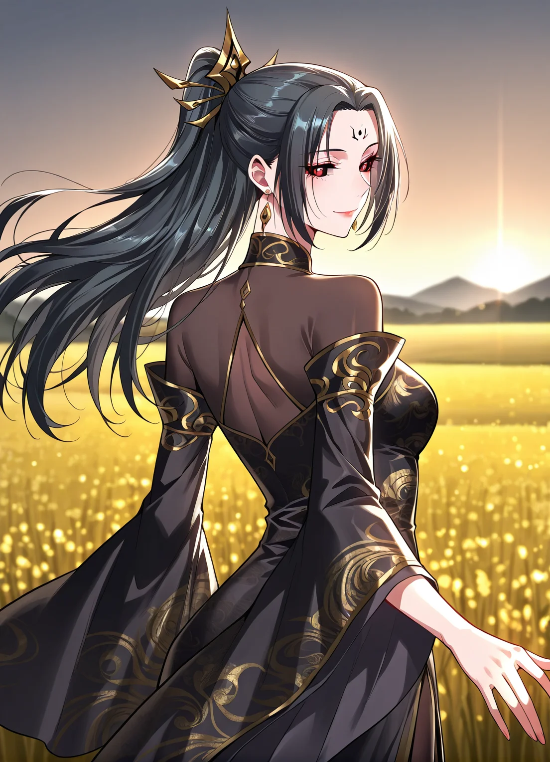 <lora:Hei_Yanyu (2):1>
1 girl, solo, long hair, black hair, red eyes, black sclera
chinese clothes, black dress, long dress, jewelry, earrings, wide sleeves, facial mark, hair ornament, ponytail, forehead mark, ponytail, lipstick
score_9, score_8_up, score_7_up, very aesthetic, source_anime, detailed, high quality, beautiful, masterpiece, detailed eyes, field, blurry background, pose dynamic angle, upper body, cowboy shot, light smile, looking back, reaching out, floating hair
