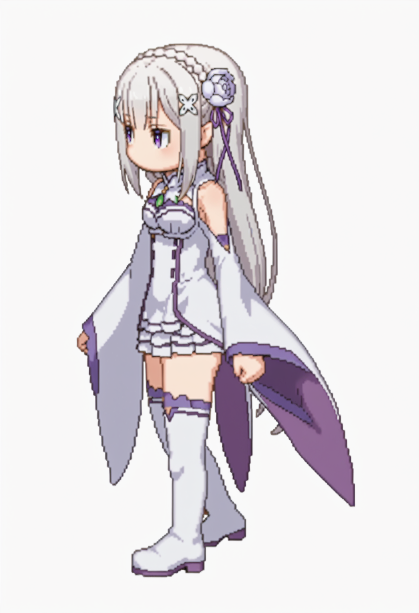 score_9, score_8_up, score_7_up, source_anime,
BREAK
<lora:shiSpriteV3:1.0>, leftwalkright, chibi, full body, looking to the side, facing to the side, from side, 
no mouth, breasts, 
simple background, white background, transparent background,
1girl, solo, anime screencap, anime coloring,
<lora:shiEmiliaV2:1> shimilia, long hair, grey hair, purple eyes, pointy ears, crown braid, hair flower, hair ribbon, purple ribbon, x hair ornament, white dress, bare shoulders, wide sleeves, white thighhighs, thigh boots,