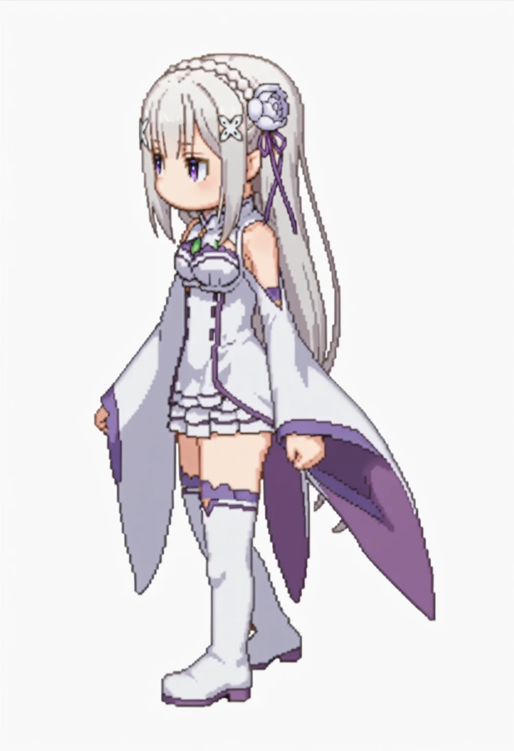 score_9, score_8_up, score_7_up, source_anime,
BREAK
<lora:shiSpriteV3:1.0>, leftwalkright, chibi, full body, looking to the side, facing to the side, from side,
no mouth, breasts,
simple background, white background, transparent background,
1girl, solo, anime screencap, anime coloring,
<lora:shiEmiliaV2:1> shimilia, long hair, grey hair, purple eyes, pointy ears, crown braid, hair flower, hair ribbon, purple ribbon, x hair ornament, white dress, bare shoulders, wide sleeves, white thighhighs, thigh boots,