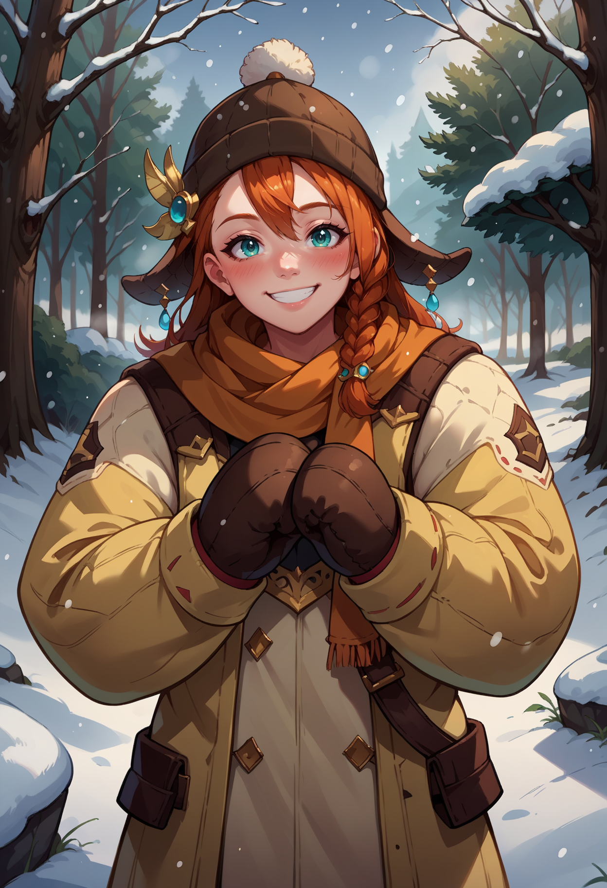 score_9, score_8_up,score_7_up, source_anime, rating_safe, 1girl, solo, <lora:EPmhrMinayle:1>, EPmhrMinayle, braid, aqua eyes, hair ornament, orange hair, long hair, side braid, hair between eyes, woolly hat, brown headwear, scarf, mittens, puffy jacket, snowing, outside, in forest, looking at viewer, smiling, blush,