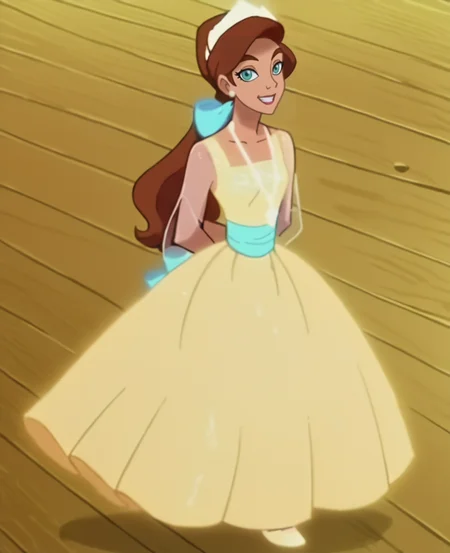 score_9, score_8_up, score_7_up, score_6_up, score_5_up, score_4_up, anime screencap, anime coloring, source_cartoon,  <lora:Anastasia_Full-000007:1> ,yldre,, brown hair,  aqua eyes, long hair, ponytail, bow, yellow dress, see-through sleeves, necklace, full body, arms behind back, smile, looking at viewer,