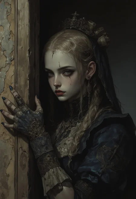 Create an intricately detailed, hyper-realistic head-and-shoulders portrait of an aging, cracked Victorian-era porcelain and paper-mâché doll. She is small in stature, no bigger than a small child and peers around the edge of a dark wooden doorway, her delicate porcelain fingers barely visible as they grip the frame. A deep, jagged crack splits her forehead, and her glossy black void-like eyes lock onto the viewer with a sinister, knowing grin. A cold, unnatural glow from behind silhouettes her figure, casting an eerie halo around her wild, dust-matted curls. Her once-elegant Victorian gown, adorned with tattered lace and intricate embroidery, clings to her fragile frame, the frayed edges barely catching the dim light. The peeling wallpaper behind her reveals darkened wood panels, their surfaces warped with time. Wisps of dust swirl in the air, illuminated by the unsettling backlight, as faint whispers seem to emanate from the shadowed hallway beyond. The air is thick with haunting elegance, a perfect balance of beauty and creeping dread as she lingers in the doorway, watching… waiting.