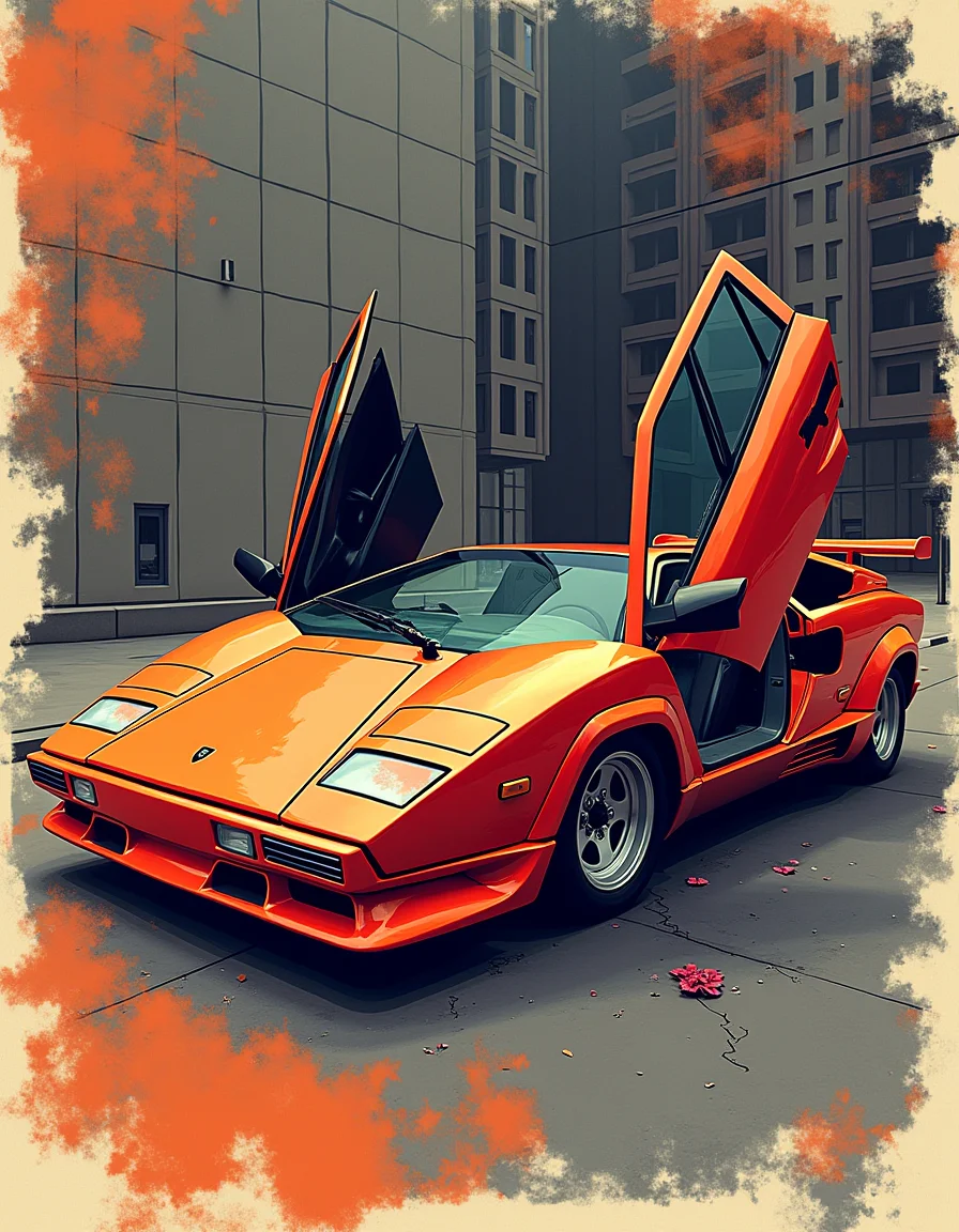 in the style of a 1985 Lamborghini Countach create a masterpiece print in the iconic architectural syntax of design legends zaha hadid & Tadao Ando