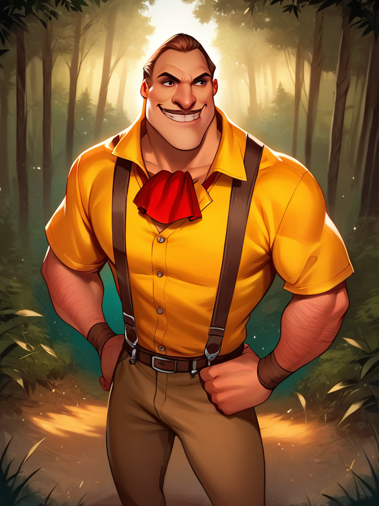 score_9, score_8_up, score_7_up, score_6_up, 1boy, hands on hips, cowboy shot, (dynamic pose:1.1), dynamic angle, detailed background, front, forest, from above, solo,
 <lora:Clayton_character:1>, ClaytonXLP, arm hair, short hair, black eyes, brown hair, yellow shirt, pants, suspenders, grin, wristband, red ascot, mustache, muscular male, cartoon,  <lora:CrystalFae_Style:0.6>