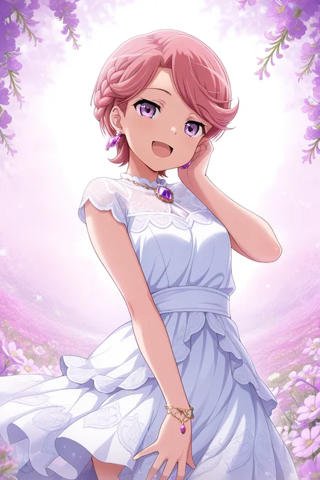 masterpiece, best quality, amazing quality,
<lora:Futaba_IL:1> futaba, 1girl, solo, dress, purple eyes, pink hair, jewelry, flower, short hair, earrings, white dress, smile, open mouth, gem, braid, food