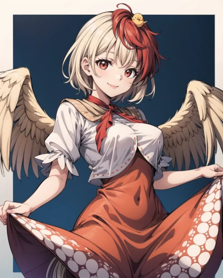 <lora:touhou_niwatari-10:1.0>, 1girl, animal, animal_on_head, bird, bird_on_head, bird_tail, bird_wings, blonde_hair, blue_background, border, breasts, chick, clothes_lift, cowboy_shot, dress, feathered_wings, gradient, gradient_background, looking_at_viewer, multicolored_hair, niwatari_kutaka, on_head, outside_border, red_eyes, red_hair, short_hair, short_sleeves, single_wing, skirt, skirt_hold, smile, solo, standing, tail_feathers, two-tone_hair, white_border, white_wings, wings, tail, <lora:add_detail:1>, masterpiece, best quality, perfect composition, <lyco:GoodHands-beta2:1.0>