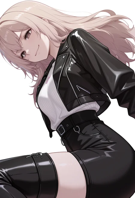 masterpiece,high quality details, absurdres,
<lora:Kazusa_Ootori_V2:0.8> kazusa_cnr, 1girl, light brown hair, long hair, brown eyes,, simple background, white background, sideways,solo,, aroused,smirk,, pullover,leather jacket ,high-waist pants, ,bow legwear thighhighs,