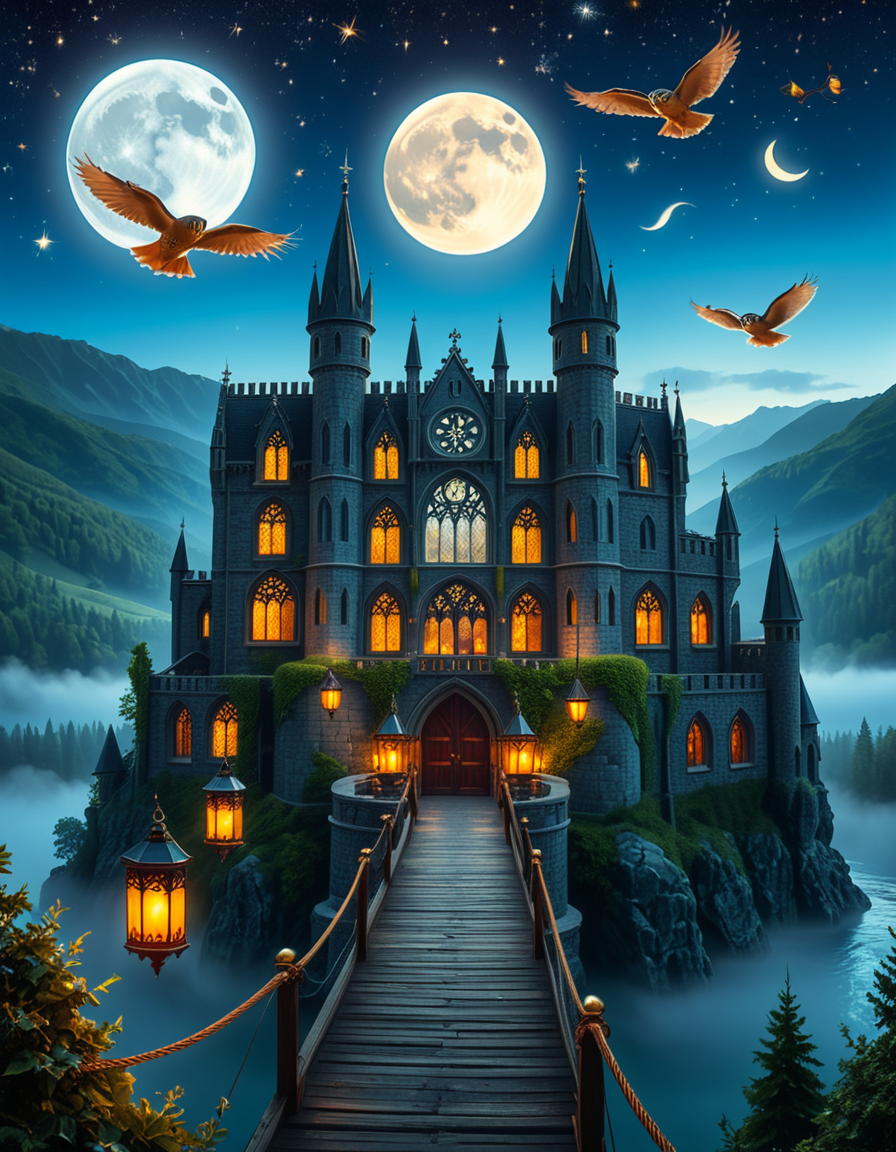 A majestic, ancient castle perched on a rocky hill, serving as a prestigious school for young wizards. The castle is a grand structure with towering spires, intricate gothic architecture, and large stained-glass windows that glow with magical energy. The stone walls are covered in ivy, and enchanted lanterns float around the entrance, casting a soft, mystical glow. A massive wooden bridge leads to the main gate, suspended over a misty, enchanted lake that reflects the moonlight. In the background, rolling green hills and dense, fog-covered forests surround the school, adding an air of mystery. The sky is a deep twilight blue, with stars twinkling and a full moon shining brightly. Some windows in the castle emit warm, golden light, hinting at classrooms filled with spellbooks and students practicing magic. A few owls are seen soaring above, delivering messages. The atmosphere is magical, mysterious, and full of wonder, as if the castle itself is alive with enchantments.
<lora:SDXLFaeTastic2400:0.4> <lora:extremely_detailed:0.4> extremely detailed, <lora:ancient_c4stl3:1>,ancient c4stl3, Masterpiece,best quality,hi res,8k,hi res,8k,award winning,(sharp focus, intricate, highly detailed),