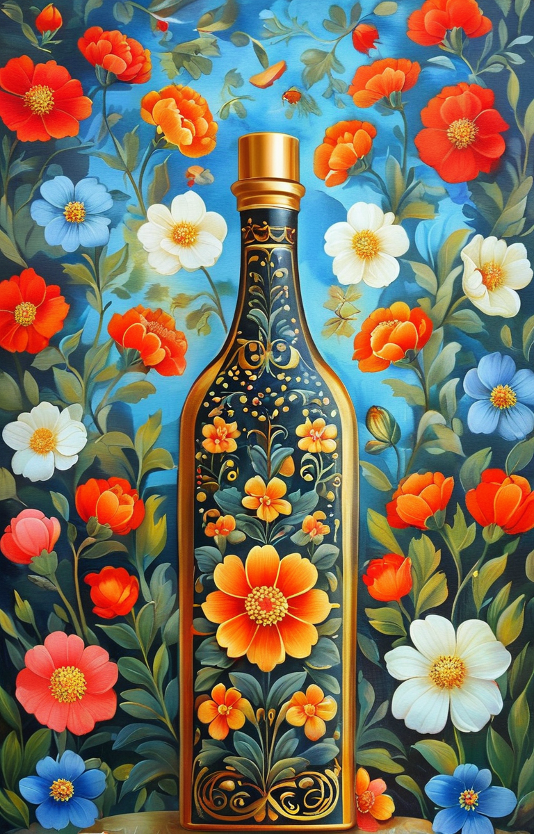 masterpiece,best quality,<lora:tbh230-sdxl:0.9>,illustration,Khokhloma, A bottle of perfume in garden