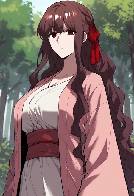 score_9, score_8_up, score_7_up, score_6_up, source_anime, rating_explicit, 1girl, (solo:1.1), huge breasts, <lora:Geum Saryeon prefectPonyxl:0.85> wavy hair, long hair, brown hair, red eyes, hair ribbon, red ribbon, single braid, red hair, sidelocks, japanese clothes, pink kimono, white dress, red sash, long sleeves, wide sleeves, expressionless, forest, outdoors, looking at viewer