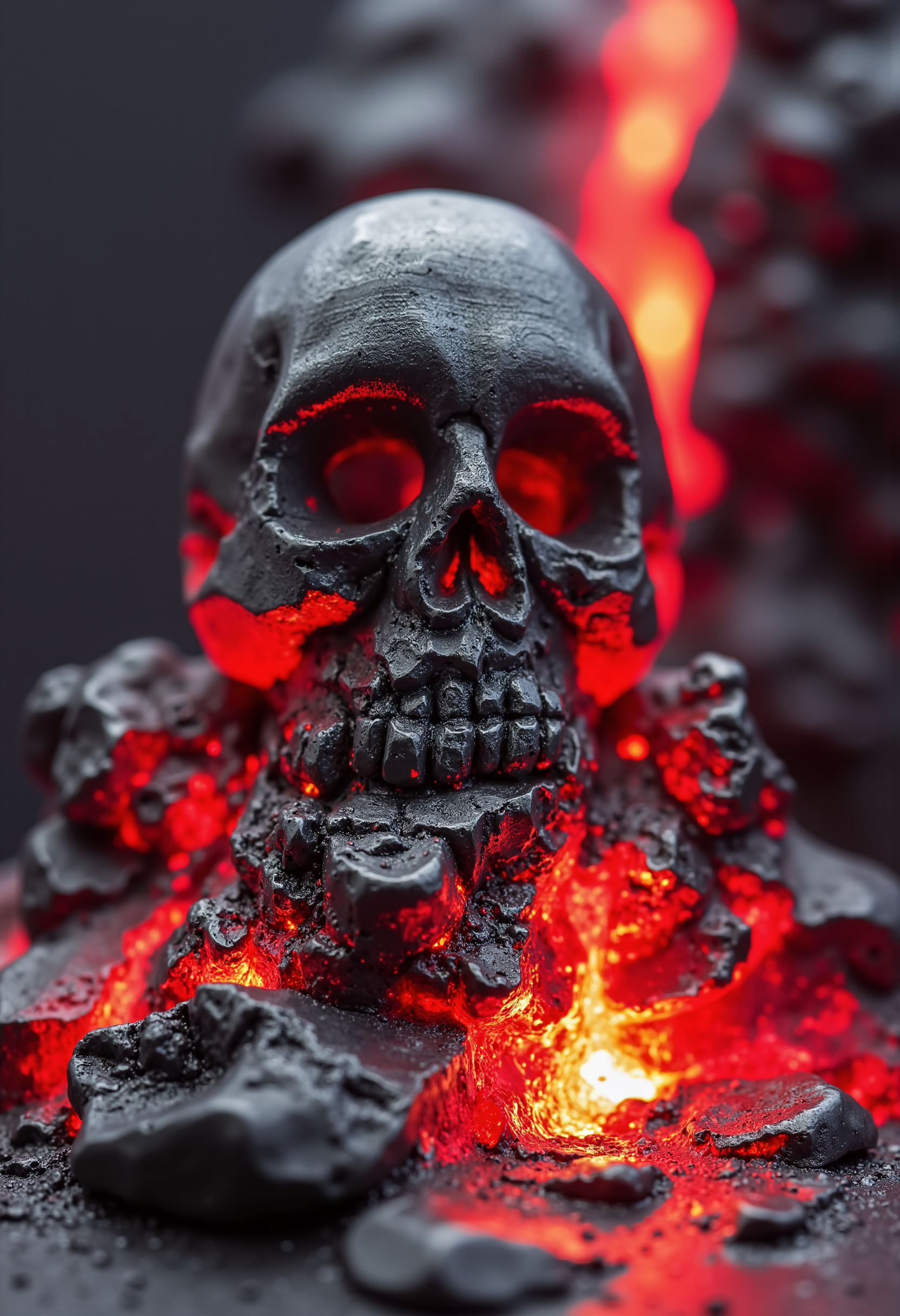 P3NC1L4RT sculpture, a gray skull. There is a lava waterfall in the background, everything glows in red lights, the whole atmosphere is very hellish. 
