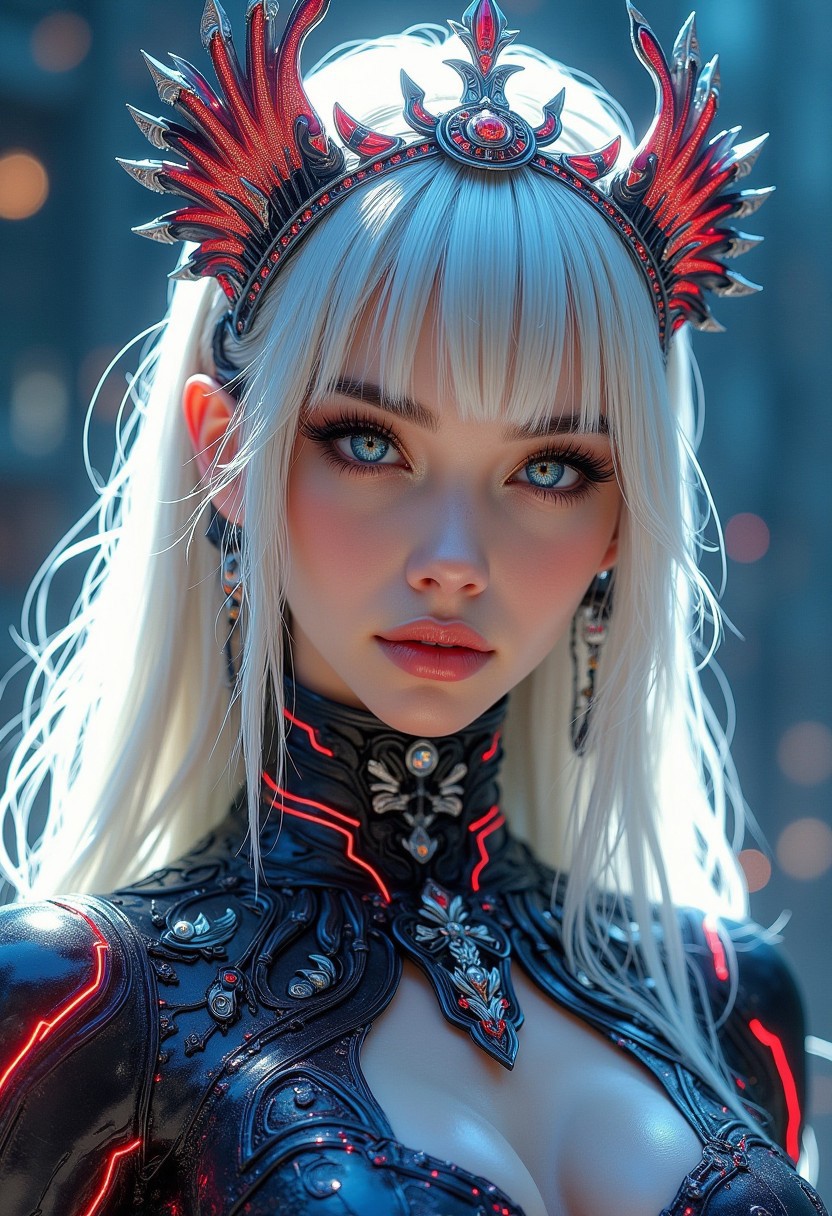 photorealistic ink image in vivid, cowboy shot of korean sci-fi princess wearing elaborate skin-tight nanotech bodysuit with intricate electrical filaments, tiara, choker, long bleached hair, bangs, direct gaze