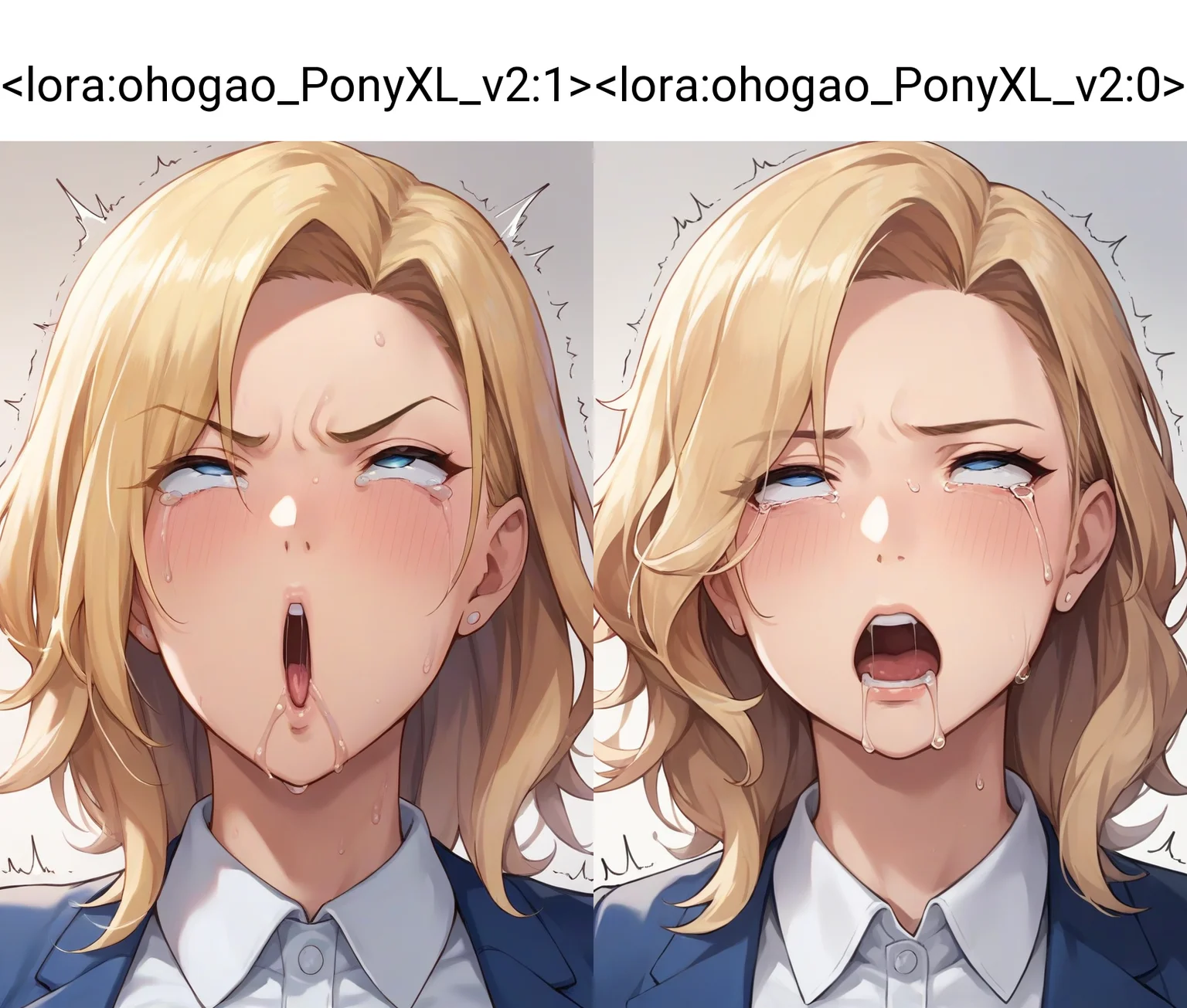 source_anime,mature female, score_7_up, mature female, masterpiece, 1girl, collared shirt, blonde hair, blue eyes , parted bangs, medium hair, focus on face, <lora:ohogao_PonyXL_v2:1> , ohogao, teary-eyed, drool, half-closed eyes, trembling, rolling eyes, open mouth, frown, angry