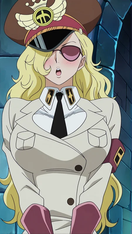 source_anime, masterpiece, best quality, amazing quality, anime screencap, high quality, 8k, absurdres, official style, 1girl, solo, <lora:Domino_OP_iL:1>, d0m1n0, blonde hair, long hair, hair over one eye, sunglasses, upper body, breasts, large breasts, shirt, long sleeves, gloves, red gloves, hat, jacket, white shirt, collared shirt, necktie, uniform, military, armband, peaked cap, black necktie, pocket, v arms, looking at viewer, blush, shocked, :o