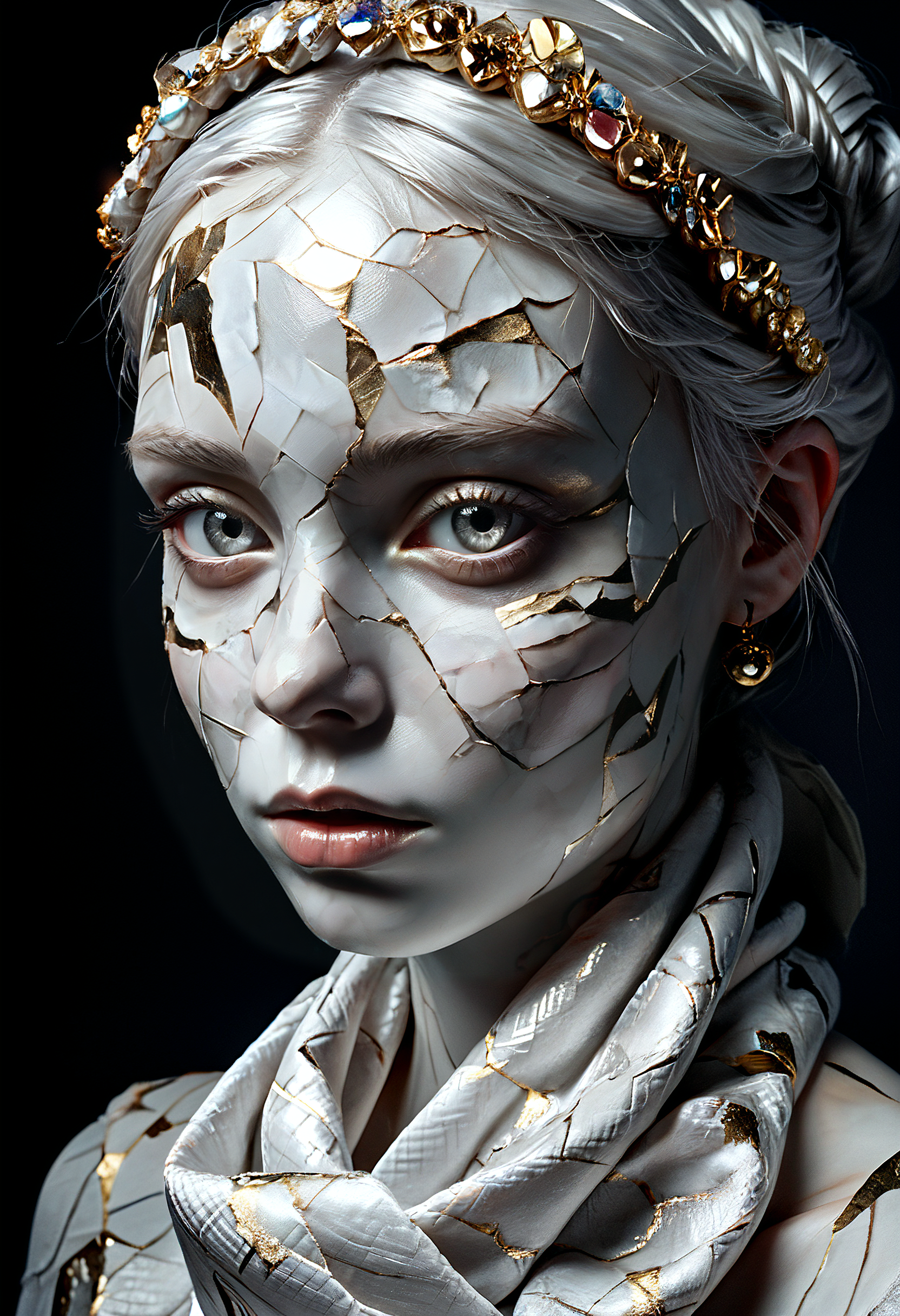 score_9, score_8_up, score_7_up, score_6_up, portrait, 1female, gyspy woman, solo, silk scarves and jewels,<lora:SCLPT:0.7>, marble skin, realistic, crack, slender, silver eyes, anceint,  marble skin, broken, dark background, indirect light, <lora:DRKDL:0.5> <lora:GWZS:0.3>
