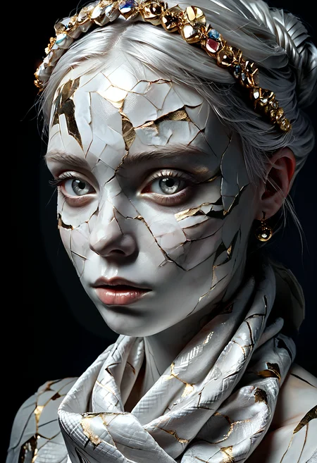 score_9, score_8_up, score_7_up, score_6_up, portrait, 1female, gyspy woman, solo, silk scarves and jewels,<lora:SCLPT:0.7>, marble skin, realistic, crack, slender, silver eyes, anceint,  marble skin, broken, dark background, indirect light, <lora:DRKDL:0.5> <lora:GWZS:0.3>